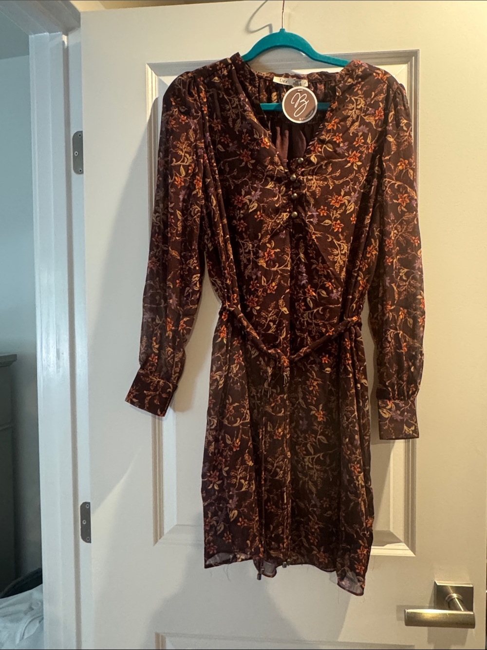 Boutique Dex Brown Floral Long Sleeve V-Neck Dress with Tie Waist